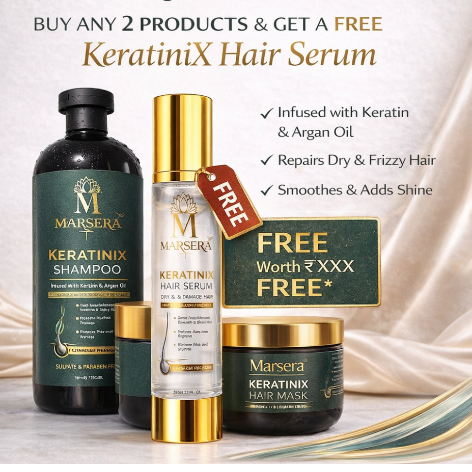 Marsera hair care product set with free Keratinix Hair Serum offer on a light background